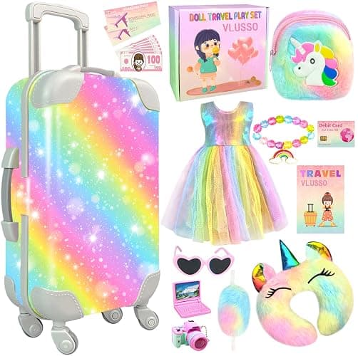 19Pcs 18 inch Girl Doll Accessories Case Luggage Travel Play Set with Clothes Camera Travel Pillow Bag Dress Glasses Stuff Fit 18 inch Doll Christmas Birthday Gift - Image 1