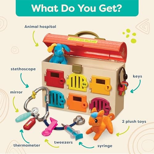 B. Toys Critter Clinic Vet Set, Portable Lock and Key Pet Care Toy | Portable animal hospital with 6 rooms, 6 matching keys, 5 tools, 2 plush pets, and built-in storage for pretend, 2+ Years thumbnail 7