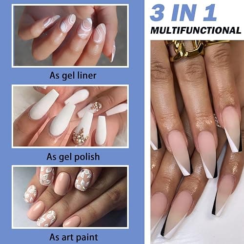 White Nail Polish, Painted Gel Nail Polish 8ML Liner Nail Art Gel Polish Soak Off French Tip Manicure for Painting & Liner Drawing UV/LED Nail Varnish Pen For Beginner/Nail Artist thumbnail 3