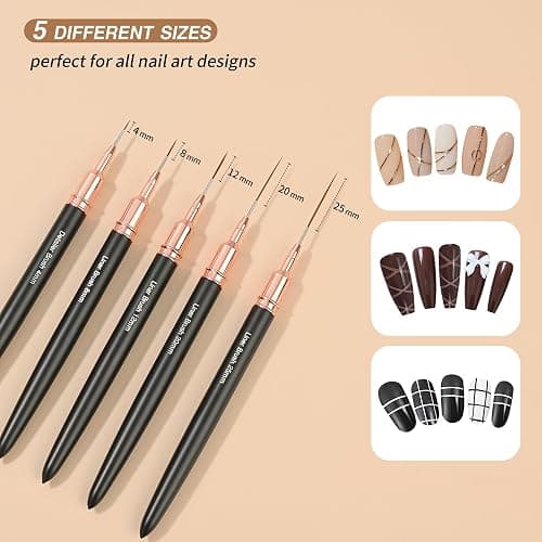 ZEOHBETY Metallic Nail Art Brushes, 5Pcs Nail Art Liner Brushes, Painting Art Design Brush Set Nail Dotting Drawing Tool for Long Lines, Thin Details, Fine Drawing Sizes 4/8/12/20/25mm, Black thumbnail 3