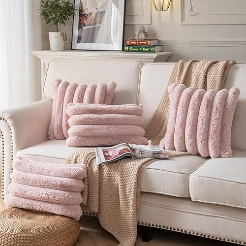 Joyouth Faux Fur Plush Throw Pillow Covers 18x18 Inch Set of 2 - Luxury Decorative Fuzzy Striped Soft Cozy Pillowcase for Couch, Sofa, Living Room - Pink thumbnail 2