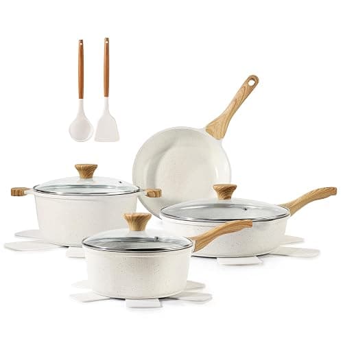 SENSARTE Nonstick Ceramic Cookware Set 13-Piece, Healthy Pots and Pans Set, Non-toxic Kitchen Cooking Set with Stay-Cool Handles, Silicone Tools and Pot Protectors, PFAS and PFOA Free - White - Image 1