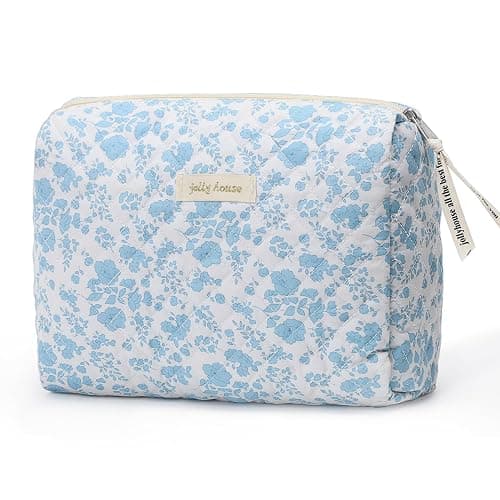 Sightor Cotton Makeup Bag, Kawaii Floral Cosmetic Bag Large Travel Toiletry Bag, Quilted Cosmetic Pouch for Women (Cerulean Blue) - Image 1