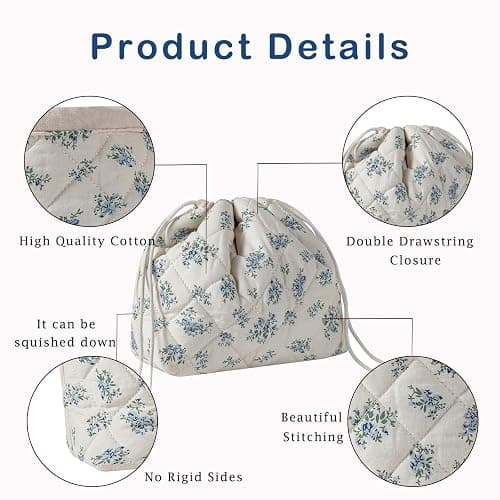 Cotton Quilted Drawstring Makeup Bag with Canvas Lining,Coquette Aesthetic Cute Travel Toiletry Bag,Drawstring Gift Bag for Women and Girls（11Blue Flower） thumbnail 5