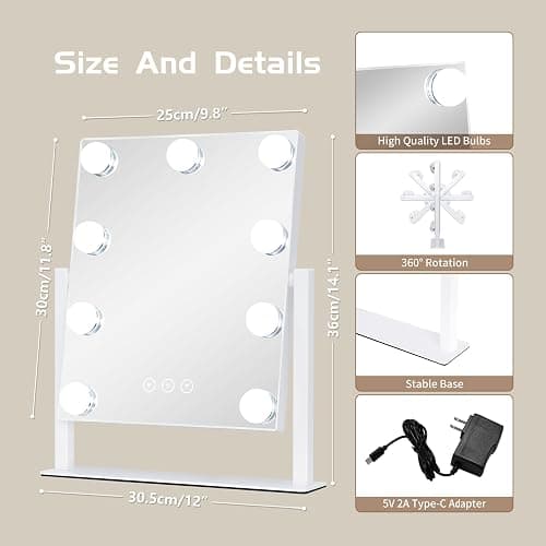 NUSVAN Vanity Mirror with Lights, Makeup Mirror with Lights,3 Color Lighting Modes Detachable 10X Magnification Mirror Touch Control,360°Rotation, White. thumbnail 2