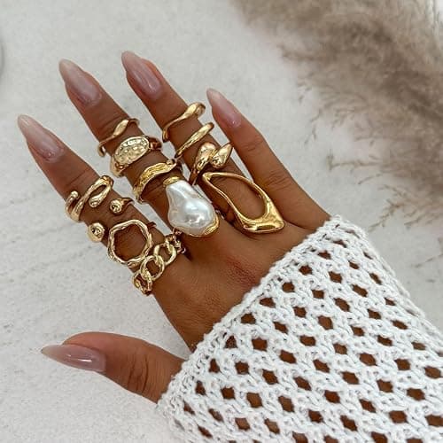 LKingel Chunky Gold Rings for Women Gold Baroque Pearl Rings Open Adjustable Pearl Ring Stacking Knuckles Rings Set Boho Prom Costume Fashion Jewelry for Women 2025 thumbnail 2