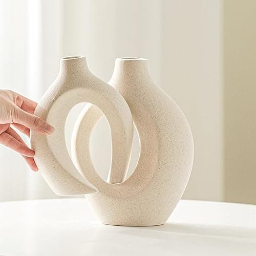 Lvases Snuggle Hollow Ceramic Vase Set of 2, Boho Home Decor for Tabletop | Modern Nordic Flower Vase for Pampas Grass, Decorative Coffee-Table Centerpiece for Living Room, 6.3 x 8.4 in, Milky White thumbnail 2