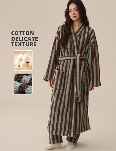 Arssm Womens Striped Fluffy Robe Long Plush Bathrobes Fuzzy Warm Cozy Thick Loungewear Maxi Robe thumbnail 5