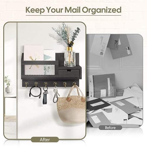 FifthQuarter Key and Mail Holder for Wall, Mail Organizer Wall Mount with 6 Hooks and Storage Drawer, Easy Installation Key Rack for Entryway and Home Decor (B-Black) - B-Black thumbnail 3