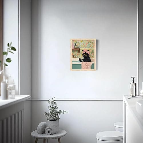 ICHZUMW Funny Black Cat Bathroom Wall Art Decor, Cute Framed Canvas Print Painting, Quirky Animal Pictures Wall Decoration, Humorous Girly Pink Artwork for Bedroom Restroom Powder Room Office, 8x10in thumbnail 4