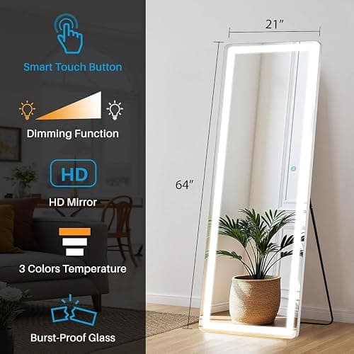 NEWBULIG Full Length Mirror with Stand 21"×64", LED Light Floor Standing with 3 Color Lighting for Bedroom Body Hanging Modern Simple Home Decor Wall Living Room Cloakroom - Image 1