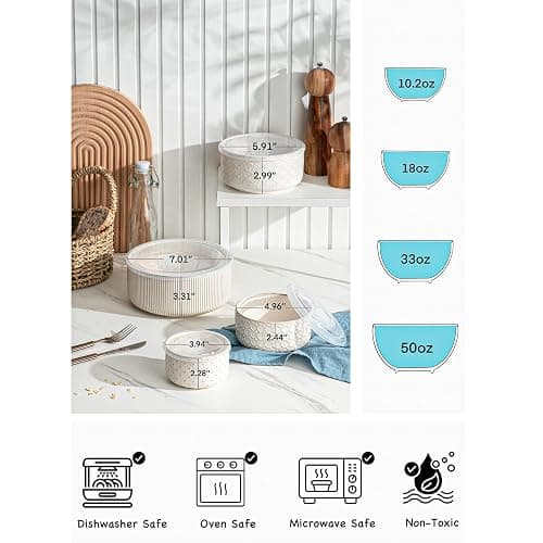 MIKIGEY Mixing Bowls with Lids Set of 4, Ceramic Nesting Bowls, Embossed Mixing Bowl Set for Food Storage, Prep Bowl, Gift, Microwave and Dishwasher Safe, 10/18/33/50 OZ, Off-White thumbnail 4