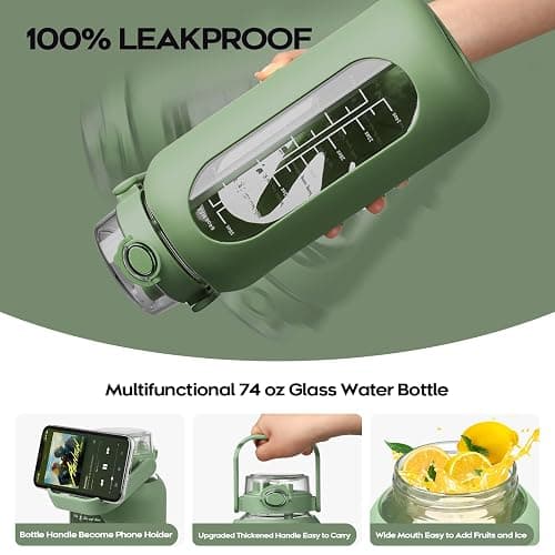 chunmo 74 oz Glass Water Bolttles with Straw Large Motivational Water Bottle with Time Marker Sports Water Bottles with Silicone Sleeve and Handle Lid 2.2L Water Jug for Gym Workout thumbnail 4