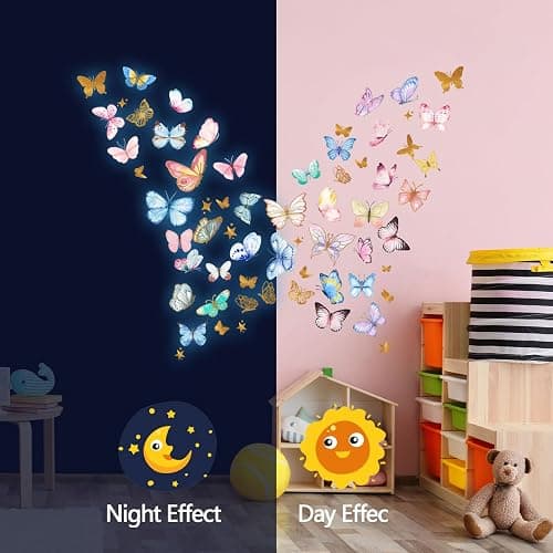 Glow in The Dark Wall Decals - Luminous Butterfly Stickers, Colorful Removable Self-Adhesive Decals for Girls Bedroom, Kids Baby Nursery, Living Room Decoration thumbnail 5
