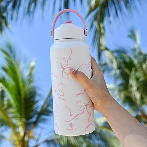 32 oz Insulated Water Bottle with Straw, Bow Water Bottle Stainless Steel with Flip Straw and Handle, Leak Proof, Metal, Reusable, Wide Mouth, for Travel, Gym and School (Breeze Pink Bow) thumbnail 8