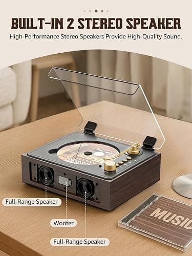 CD Player with Built-in Speakers Bluetooth Retro Portable CD Players for Home Music Player with Remote Control Headphone Jack Walnut Brown thumbnail 2