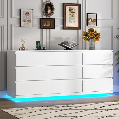 Gyfimoie 9 Drawer Dresser with Power Outlet, Floating White Dresser Chest of Drawer with LED Light,Modern Double Wide Drawer Organizer Cabinet for Bedroom,Living Room (9 Drawer-White) thumbnail 3