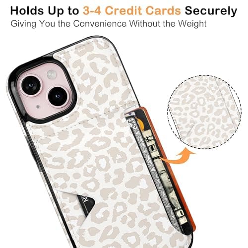 uCOLOR for iPhone 13 14 15 Case with Card Holder- Slim Leather Wallet Case Credit Card Holder Drop Protective Hidden Card Slot Cover for Woman Man (Beige Leopard, iPhone 15/14/13) thumbnail 3