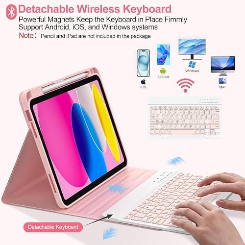 COO Keyboard Case for iPad 11/10th Gen 11/10.9 inch 2025 A16/2022, Detachable Wireless Bluetooth Case with Keyboard Built-in Right Side Pencil Holder, Auto Wake/Sleep for iPad A16 KeyboardCase (Pink) thumbnail 4