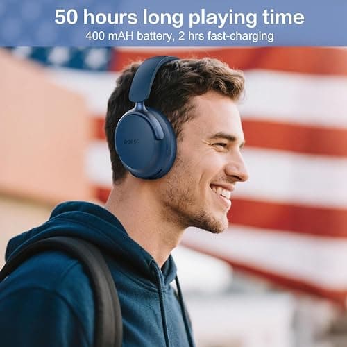 RORSOU B8 Bluetooth Headphones Over Ear, 6 EQ Music Modes and 50H Playtime Deep Bass Wireless Headphones with Mic, Lightweight Folding HiFi Stereo Headset for iPad/Travel/Tablet/PC/Home Blue thumbnail 7