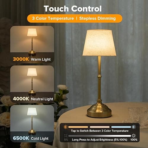 keysays 2 Pack Cordless Table Lamp, Rechargeable Desk Lamp with Fabric Shade, Battery Operated 3 Color Stepless Dimming, Small Touch Bedside Lamp Home Decor for Dining, Counter(Brushed Gold) thumbnail 4