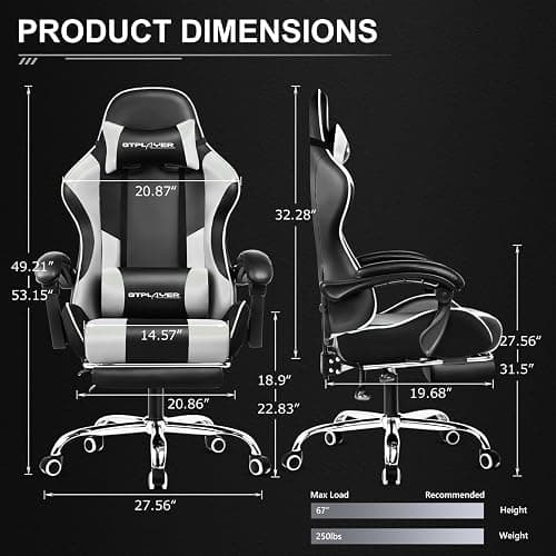 GTPLAYER Gaming Chair, Computer Chair with Footrest and Lumbar Support, Height Adjustable Game Chair with 360°-Swivel Seat and Headrest and for Office or Gaming (Snow White) thumbnail 2