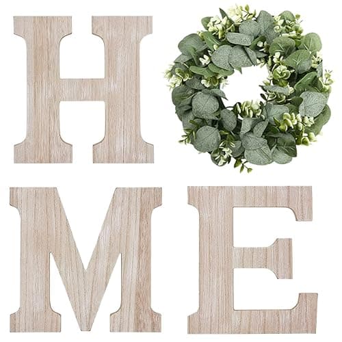 Wooden Home Sign Wall Hanging Decor Wood Home Letters for Wall Art with Artificial Eucalyptus Wreath Rustic Home Decor Farmhouse, Wall Decor for Living Room Entryway Housewarming Gift (Natural) - Image 1