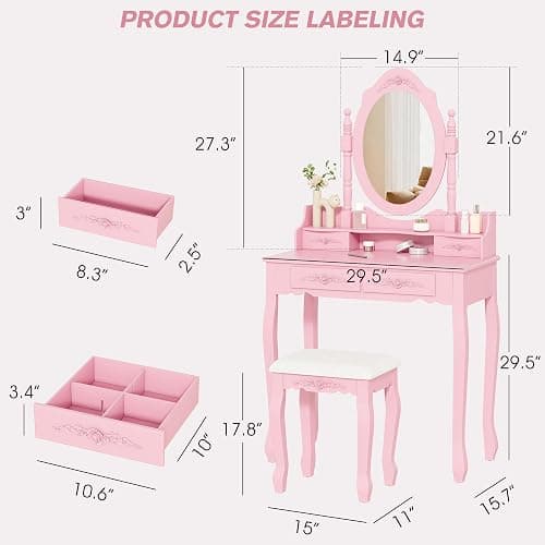 Alohappy Vanity Desk Set with Mirror & Stool for Girls, Makeup Vanity Table and Cushioned Stool Set with 4 Drawers, Wood Dressing Table for Bedroom (Pink) thumbnail 2