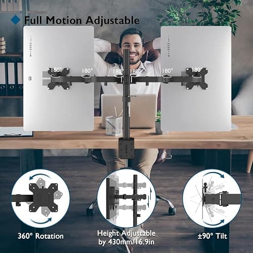 BONTEC Dual Monitor Desk Mount, Full Motion Adjustable Monitor Stand for 13–27 Inch Screens, Heavy Duty Arms Hold Up to 22 lbs Each, VESA 75x75/100x100 mm, C Clamp and Grommet Base, Cable Management - Black thumbnail 7