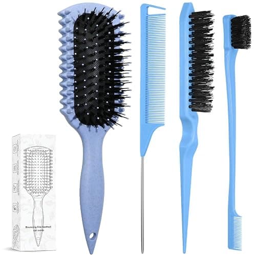 Curl Defining Brush, Curly Hair Brush Products With 3 Pcs Slick Back Hair Brush Set Bristle Brush Edge Control Teasing Comb for women (Blue) - Image 1