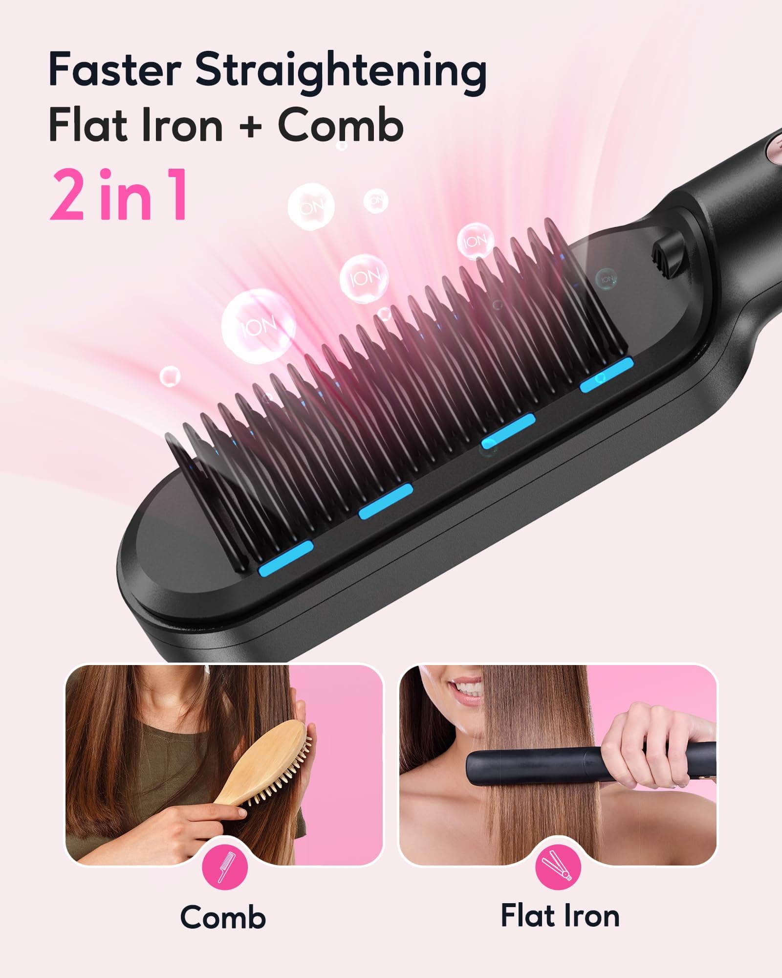 Wavytalk Cepillo alisador de pelo, peine de cerámica anticaldo, calentamiento rápido para salón en casa, doble voltaje, oro rosa thumbnail 3