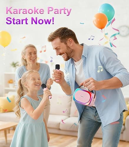 TiMOVO Mini Karaoke Machine, Portable Bluetooth Speaker with 2 Wireless Microphones and LED Lights, Birthday Gifts for Family Home Party, Pink thumbnail 8