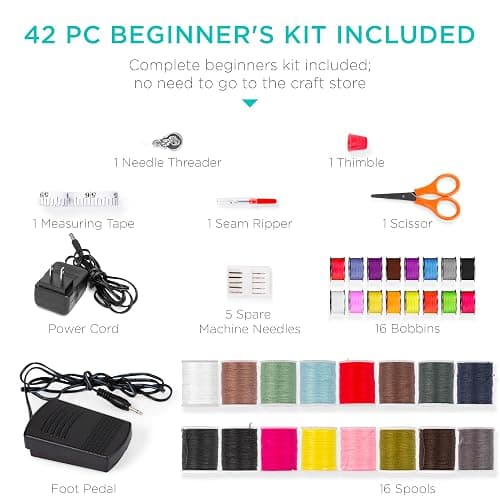 Best Choice Products Compact Sewing Machine, 42-Piece Beginners Kit, Multifunctional Portable 6V Beginner Sewing Machine w/ 12 Stitch Patterns, Light, Foot Pedal, Storage Drawer - Teal/White thumbnail 3