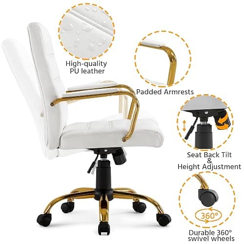 Yaheetech Faux Leather Office Chair Mid-Back Computer Desk Chair w/Lumbar Support Swivel Chair w/Gold Leg White Seat for Home thumbnail 4