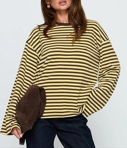 Prosperandoes Striped Oversized Long Sleeve Sweatshirts Women Y2k Crewneck Vintage Pullover Preppy Shirts Crop Top Streetwear thumbnail 3