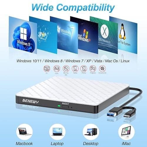 External CD DVD Drive for Laptop, USB 3.0 USB C CD Burner DVD/CD ROM Drive Reader External DVD Drive DVD Player for Laptop Desktop PC Windows 11/10/8.1/7 MacBook Mac Linux OS Apple White thumbnail 2