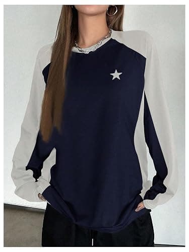 SHENHE Women's Color Block Crew Neck Star Graphic Raglan Shirt Loose Long Sleeve Tee Top thumbnail 5