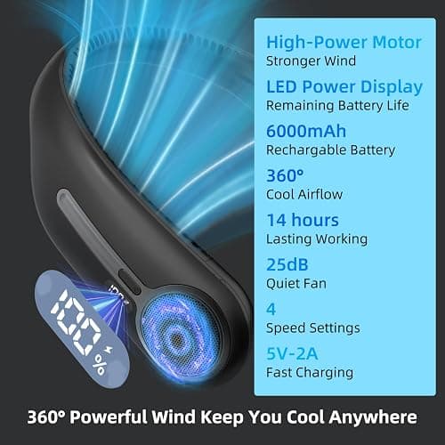 Portable Neck Fan, Personal Wearable Bladeless Fan, 6000mAh USB Rechargeable, 360° Airflow, LED Display, 4-Speeds, Hands Free Fan for Outdoor Indoor, Birthday Gifts for Men Women Dad Mom (Black) thumbnail 3