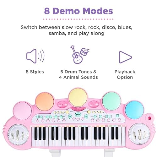 Best Choice Products 37-Key Kids Electronic Musical Instrument Piano Learning Toy Keyboard w/ Multiple Sounds, Lights, Microphone, Stool - Light Pink thumbnail 4