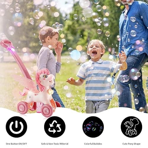 Pink Bubble Machine Blower Maker Lawn Mower Walking Toy Christmas Basket Stuffers Outdoor Summer Girls Kids Toddler 1st Birthday Best Gift for 1 2 3 Year Old Unique Cute Valentines Day Unicorn Gifts thumbnail 6