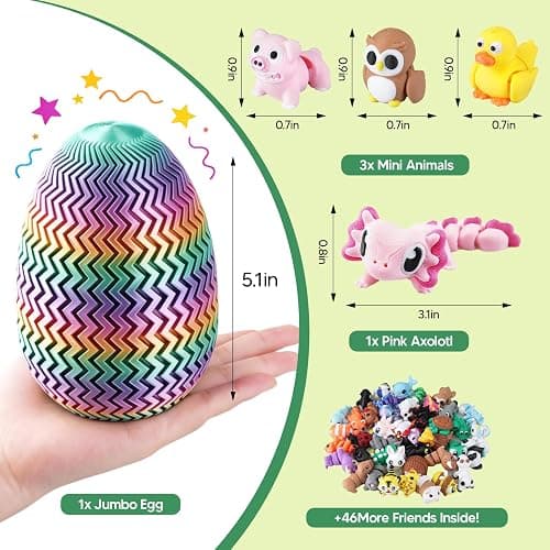 ROIISNM 51PCS Mini 3D Printed Animals, Articulated Fidget Toys for Kids | Pink Axolotl Surprise, Jumbo Twist-Lock Storage Egg, Sensory Play, Party Favors, Classroom Rewards, Desk Pets thumbnail 3