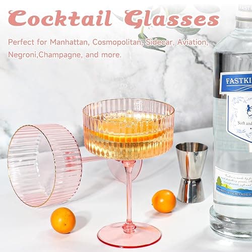 XUWAIDSGN 12 Pcs Champagne Martini Glasses 9 Oz with Gilded Removable Gold Rim Coupe Glasses Pink Martini Glasses Plastic Mimosa Vintage Coupe Glasses Set For Wedding Anniversary (12, Ribbed Pink) thumbnail 5