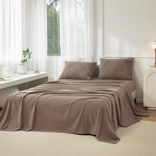 JIYUAN 100% Washed Cotton Sheet Set 4 Pieces King,1 Fitted Sheet,1 Flat Sheet and 2 Pillowcases,Comfy and Breathable Linen Like Bedding Set,Light Brown - Image 1