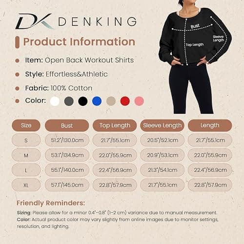 denking Women Open Back Workout Tops 100% Cotton Long Sleeve Shirts Yoga Athletic Gym Pilates Crop Cute Summer Oversize Tees thumbnail 6