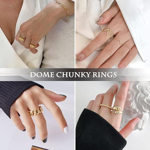 MOROYA 10PCS Gold Dome Chunky Rings for Women 18K Gold Plated Braided Twisted Round Signet Rings Adjustable Open Ring Band Statement Jewelry Size 7-9 thumbnail 3