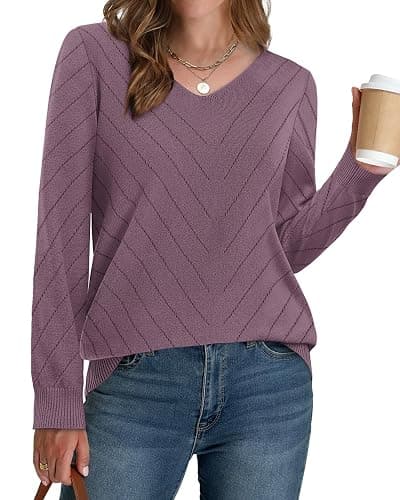 WIHOLL Sweaters for Women V Neck Casual Knit Long Sleeve Tops Lightweight Pullover Clothes Fall Fashion Outfits 2025 thumbnail 3