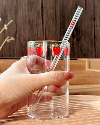 Kreapa Cute Strawberry Pattern Glass Cups - 2 Sets of 300ML Straw Glass Cups for Water, Milk, Tea, Coffee, Juice thumbnail 6