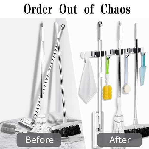 3 Racks and 4 Hooks Broom and Mop Holder Wall Mounted Garage Organizer Storage Tool Racks Stainless Steel Heavy Duty Hooks Self Adhesive Solid Non-slip Wall Hangers for Home Kitchen Garden Laundry thumbnail 6