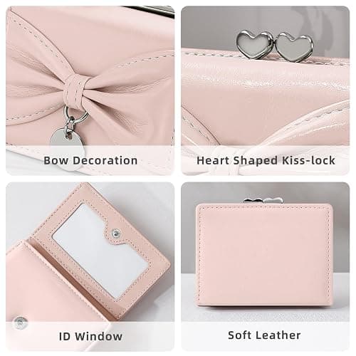 Denovin Wallet Women, Bow Pink Trifold Wallets, Small Cute Coin Purse for Woman, Coquette Credit Card Holder and Cash Bag for Ladies, Pink thumbnail 4