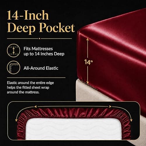 CozyLux Satin Sheets Queen, 4-Piece 14-Inch Deep Pocket Sheet Set | OEKO-TEX Certified Silky Soft Sheet Set for Hair & Skin, Luxurious Silky-Smooth Satin for Elegant Bedroom Decor, Burgundy thumbnail 5